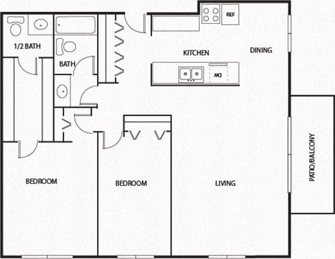 Floor plan for 2 beds, 1.5 baths, 1030 sqft